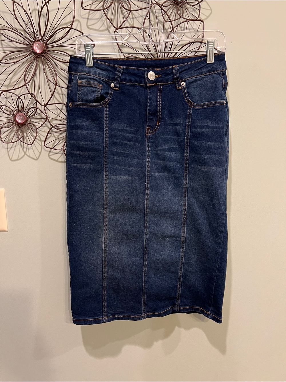 Dark Blue Denim Midi Pencil Skirt-NWOT